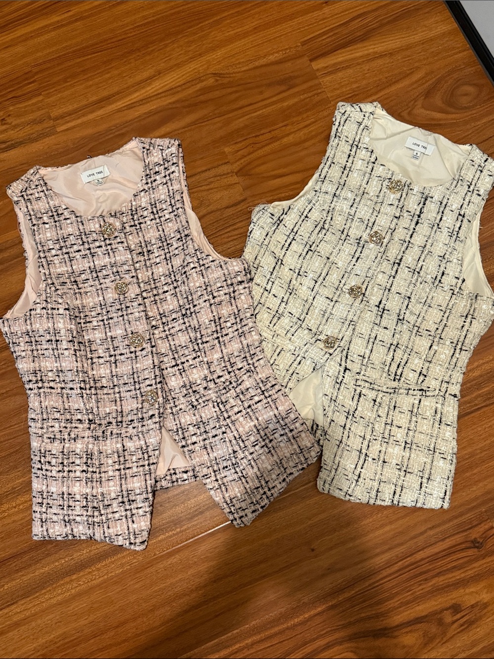 Two Sleeveless Tweed Vests in Pink and Cream